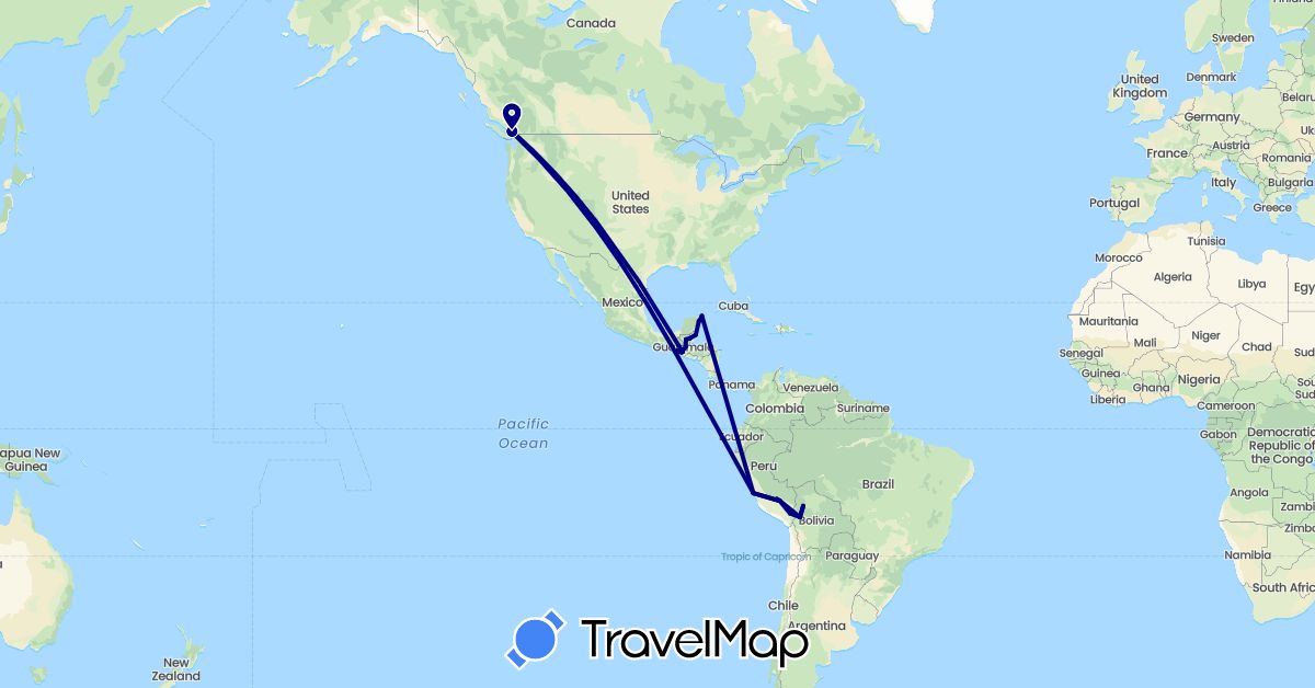 TravelMap itinerary: driving in Bolivia, Belize, Canada, Guatemala, Mexico, Peru (North America, South America)
